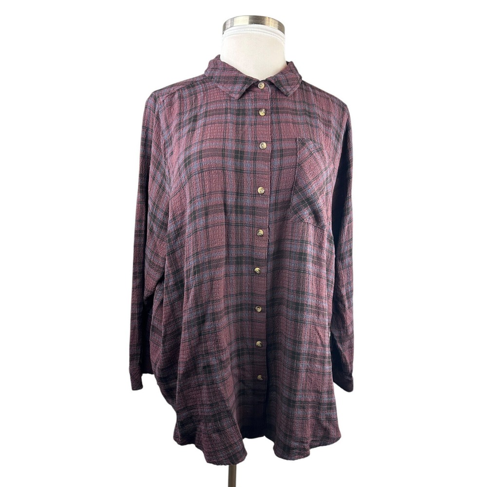 Torrid Lizzie Crinkle Flannel Gauze Button Up Tunic Red Plaid Plus Size 3 3X - Picture 2 of 11